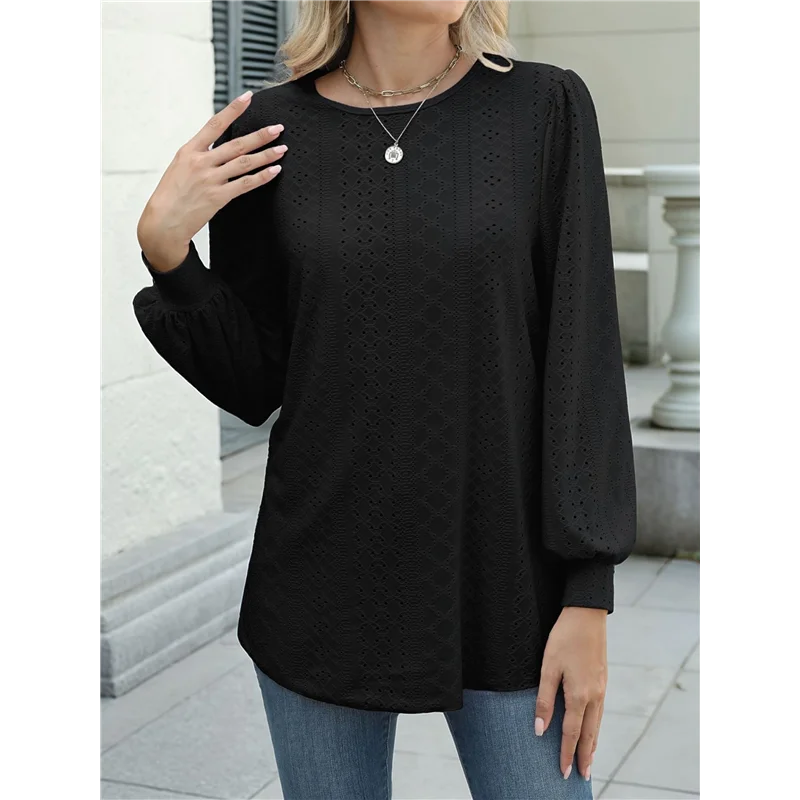 

AG-Long Sleeve Eyelet Tops For Women 2025 Spring Fall Crew Neck Shirts Casual Loose Blouse Trend Outfits Clothes