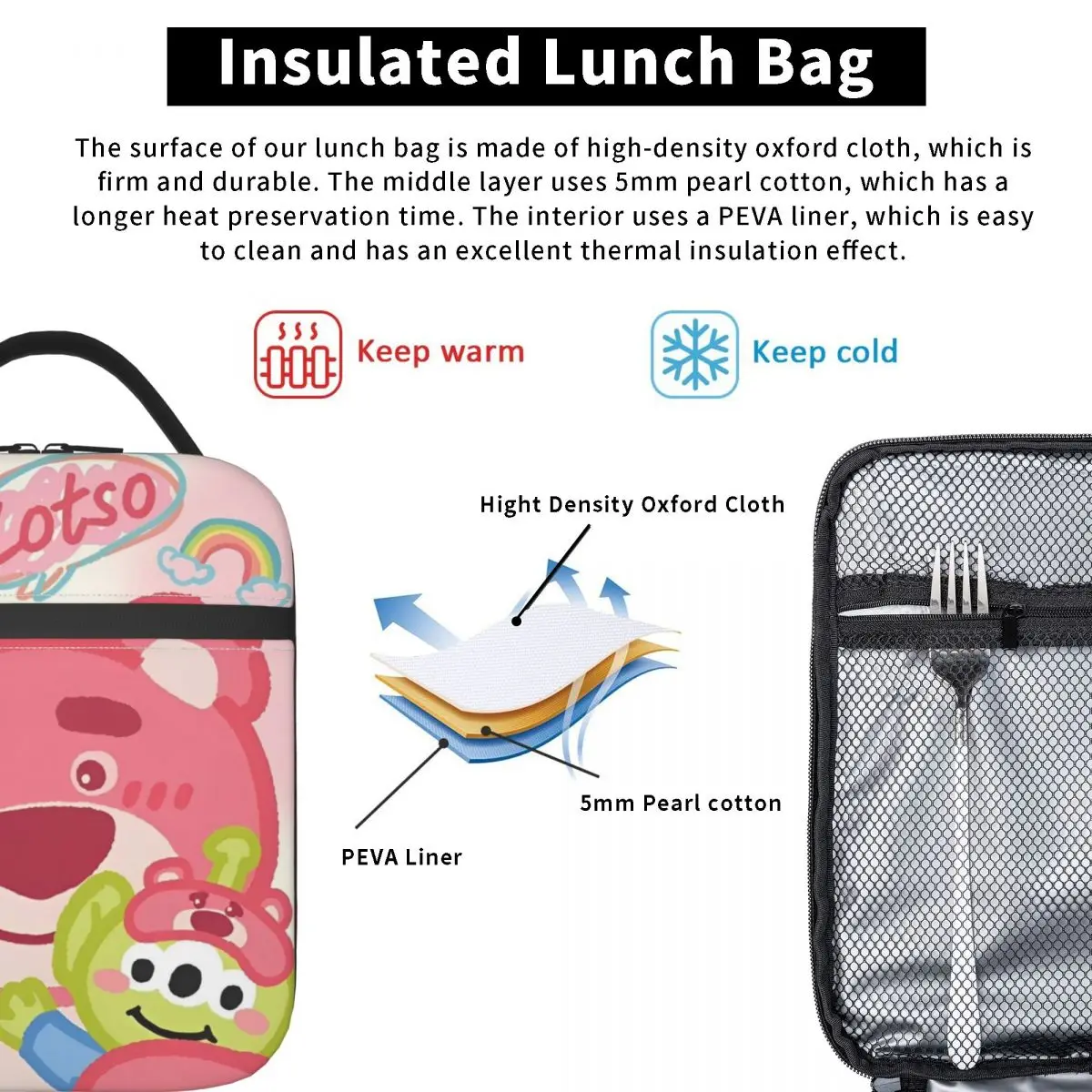 أكياس الغداء المعزولة على شكل دب الفراولة حقيبة حرارية حاوية الوجبات لوسو المضادة للتسرب، صندوق الغداء، أكياس تخزين المواد الغذائية للمكتب في الهواء الطلق #5