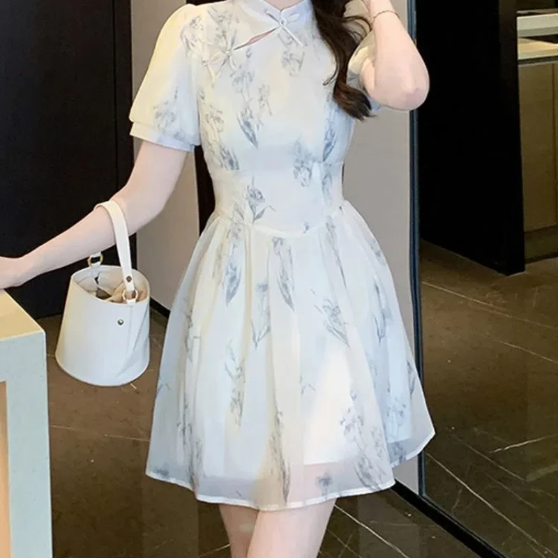 

Summer Women's Pullover Plant&Flowers Tie Dye Round Neck Chinese Style Ball Gown A-Line Mini Skirts Short Sleeve Sweet Dresses