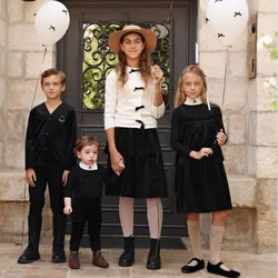 2025 Mail's AW High End Outfits Brother Sister Family Matching Clothes Black Velvet Dresses Blazers Skirtsmail