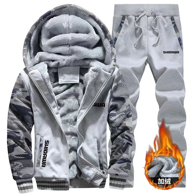 New Men\'s Autumn Winter Fishing Suits Camouflage Outdoor Sports Hiking Fishing Hooded Coat + Pants Velvet Clothes Two Piece Set