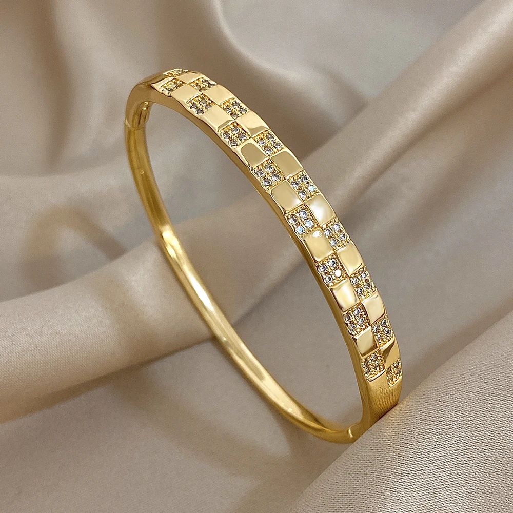 Greatera Charm Quadratisches Gitter Kupfer Armband Licht Luxus Temperament Kubikzircon Gefüllt Damen Manschette Armreifen Europäisch Amerikanisch