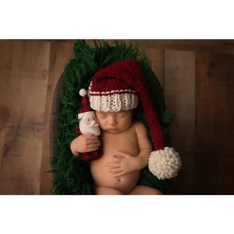 مجموعة التقاط الصور لحديثي الولادة لعيد الميلاد - محبوكة بقبعة حمراء وقماش الأنجورا للاستوديو، دعائم تذكار عيد الميلاد الأولى للطفل