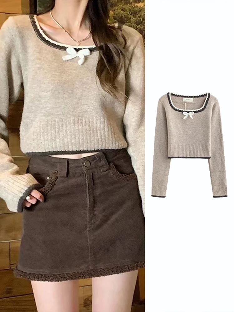 

Ele Square Collar Knitwear ort Sve Long Sve Women's Faion Inner Wear Base Layer Knot Autumn Winter Ne...