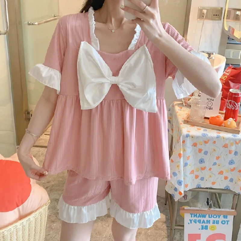 

Pajamas Female Spring and Summer Short-Sleeved Shorts Sweet Small Fresh Homewear Suit Solid Color Sleepwear Ladies Nightwear