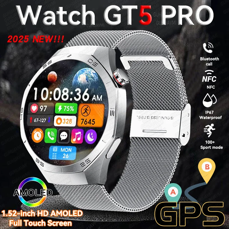 

2025 Новые часы GT5 PRO Смарт-часы для мужчин 1,52 дюйма HD AMOLED Экран GPS трекер Сердечный ритм Bluetooth Вызов NFC Смарт-часы для Huawei