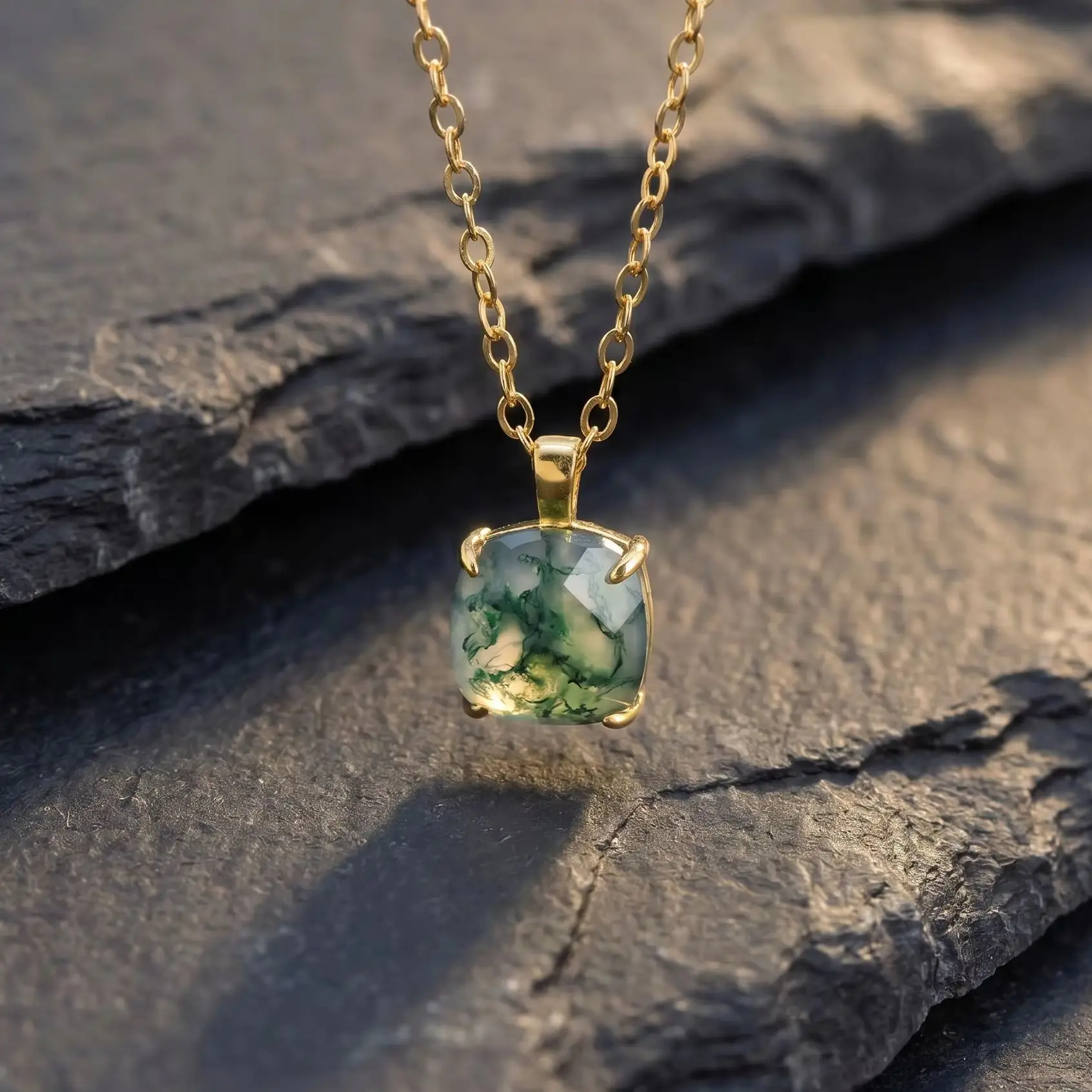 Natural Moss Agate 925 Sterling Silver Necklace for Women Gold Plated Delicate Green Stone Chain Anniversary Gifts Jewelry