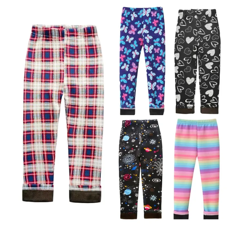 Baby Girl Winter Warm Pants Thick Flower Rainbow Plaid Pattern Printed Trousers Casual Warm Stretchy Tights Slim Pant Children