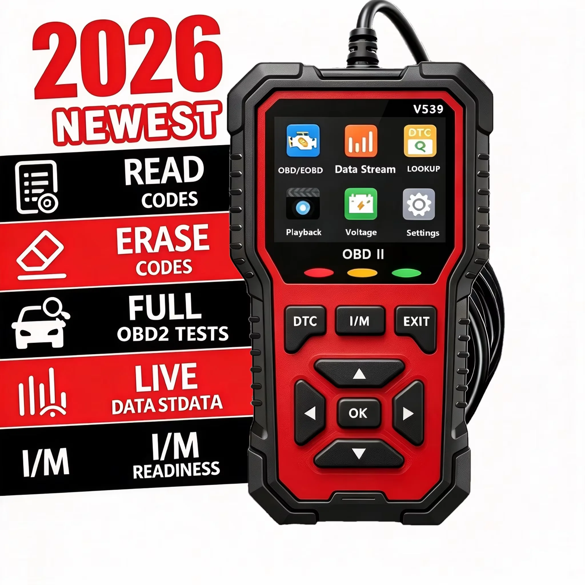 V539 Red Car Diagnostic Scanner Tool Automotive OBD2 Scanner for Engine Health Check with Color Screen