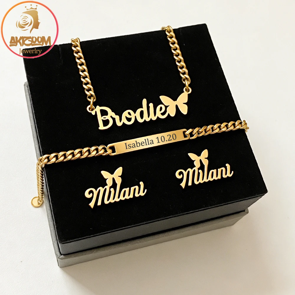

Akizoom ожерелья с гравировкой имени на заказ, браслет, серьги из нержавеющей стали, персонализированный комплект ювелирных изделий для женщин и мужчин, подарок на день рождения