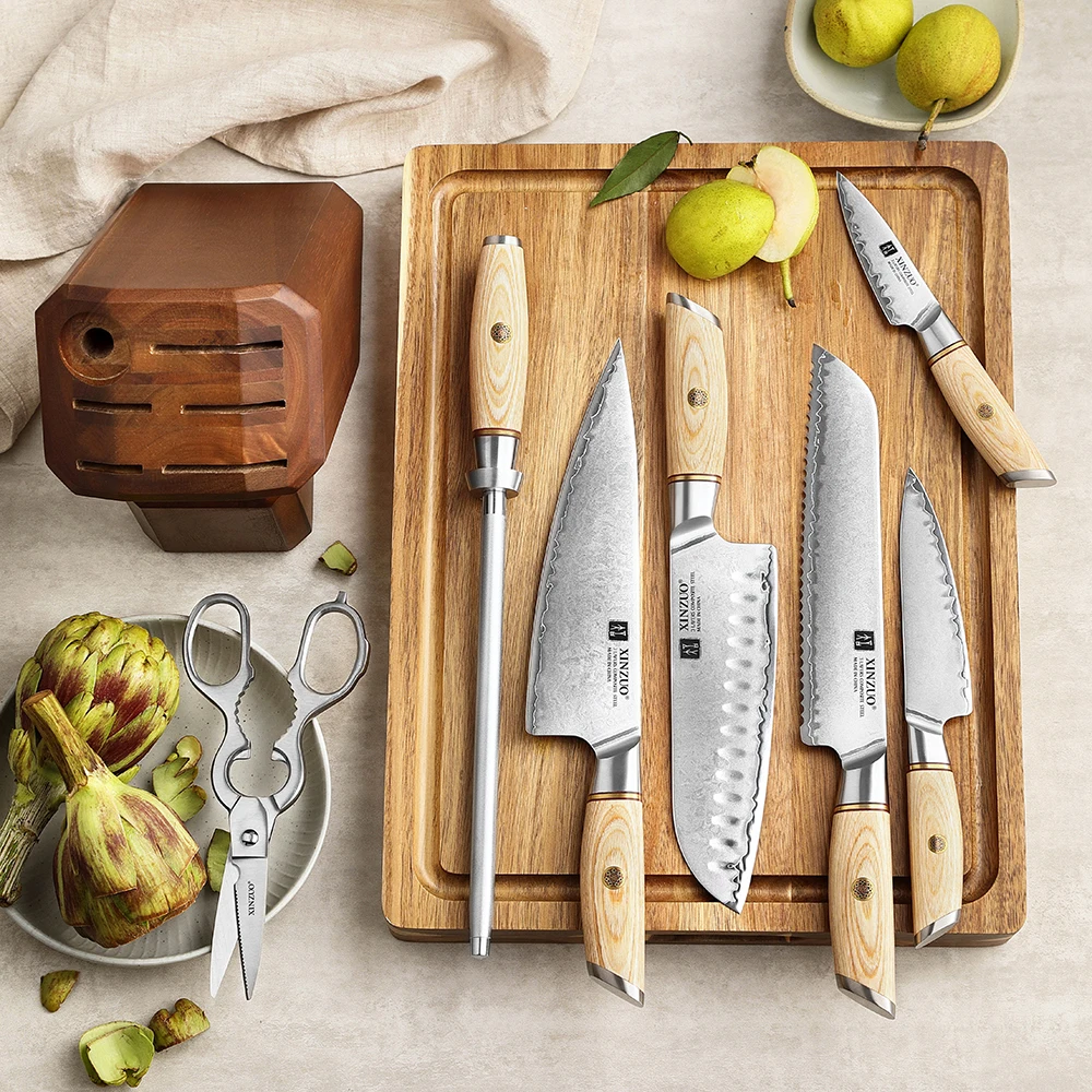 XINZUO 8PCS Set 3-layer Clad Steel Household Tools Pakkawood Handle with Scissors Knife Holder Practical Cooking Tools