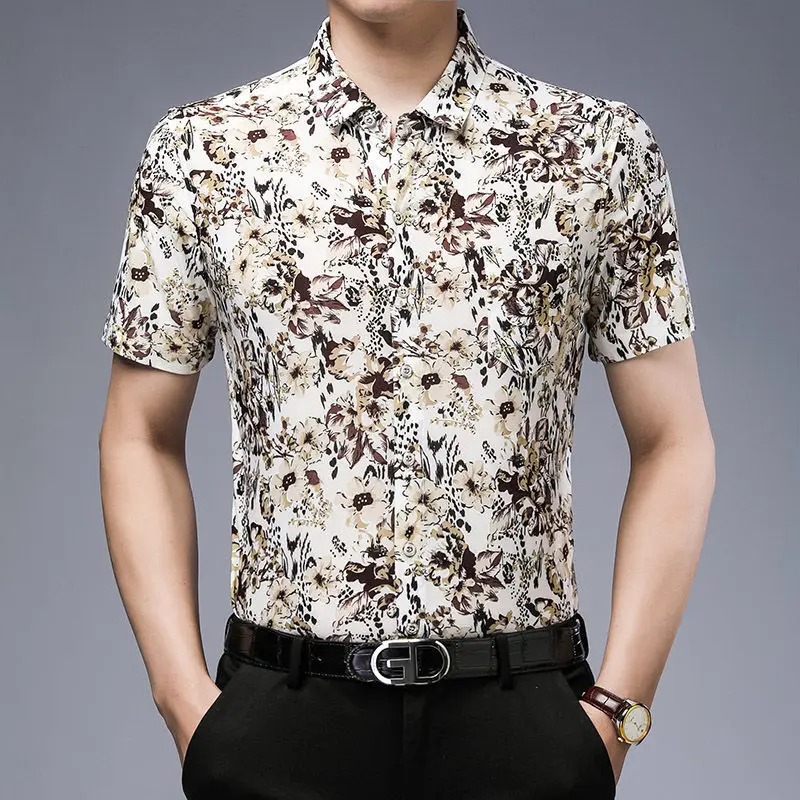 Streetwear Fashion Men Short Sleeve Black Floral Shirts Y2k Summer Quick Dry Lucky Cloud New Holiday Casual Lapel Loose Top 2023