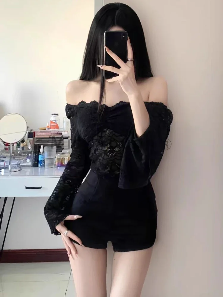 Aesthetic Vintage Skinny Solid 2 Piece Set Women Design Fashion Slim Lace Off Shoulder Tops Women + High Waist Thin Short Pants