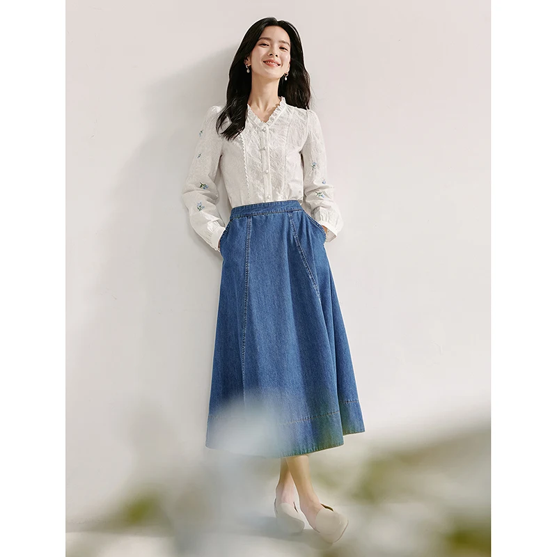 INMAN Denim Skirt 2024 Autumn Women's Long skirt A-line covers hips high-waisted slimming umbrella Skirt