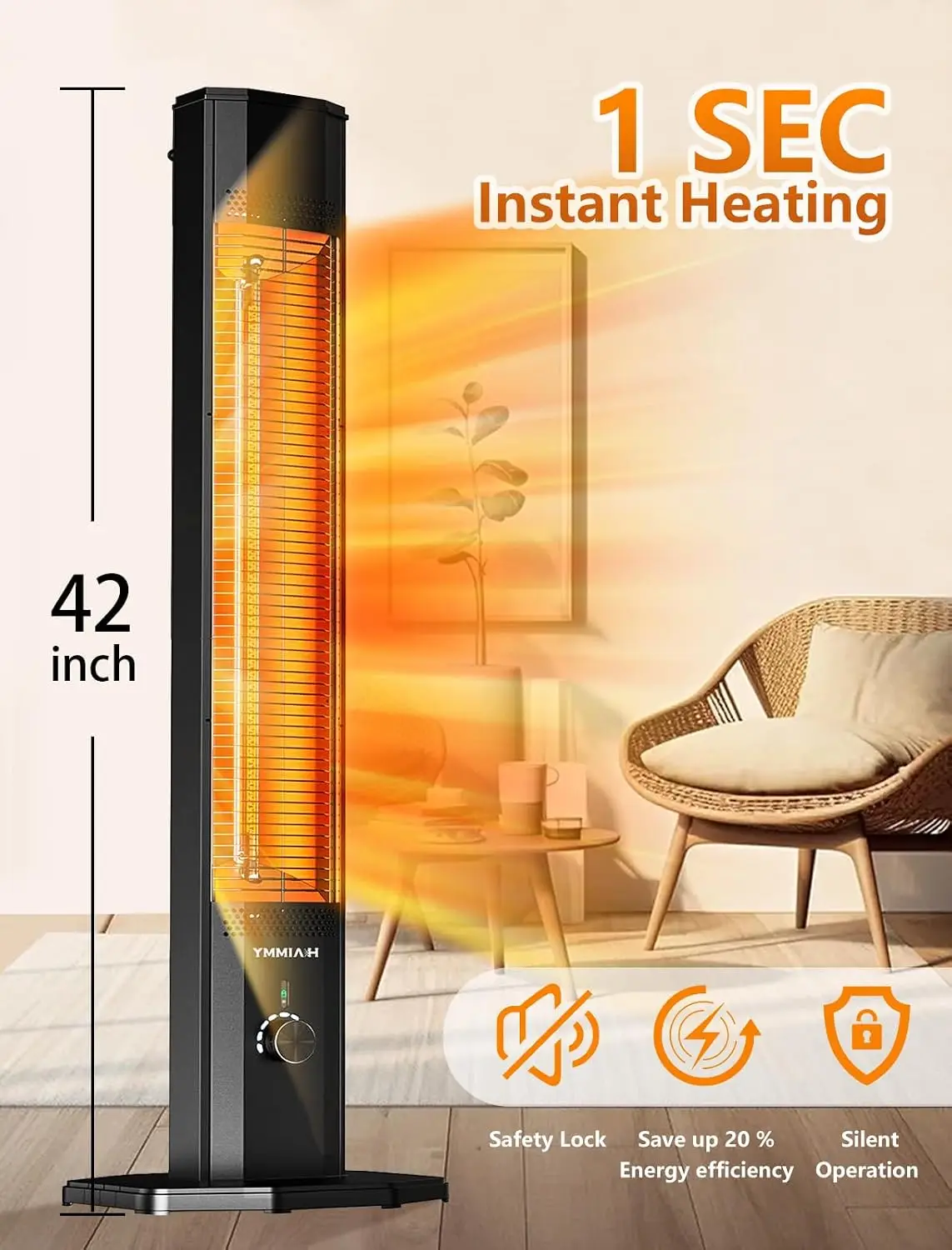 Outdoor Electric Patio Heater, 42in Infrared Heater with Remote, 9 Heat Levels, 9H Timers, 1500W Instant Heating, Safety Lock, T