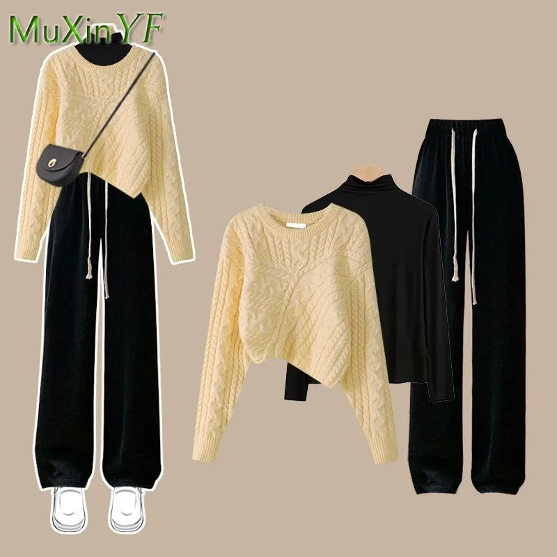 Women\'s Autumn Winter Suit 2023 New Fashion Knitted Sweater Undershirt Casual Pants 3 Piece Korean Elegant Trousers Matching Set