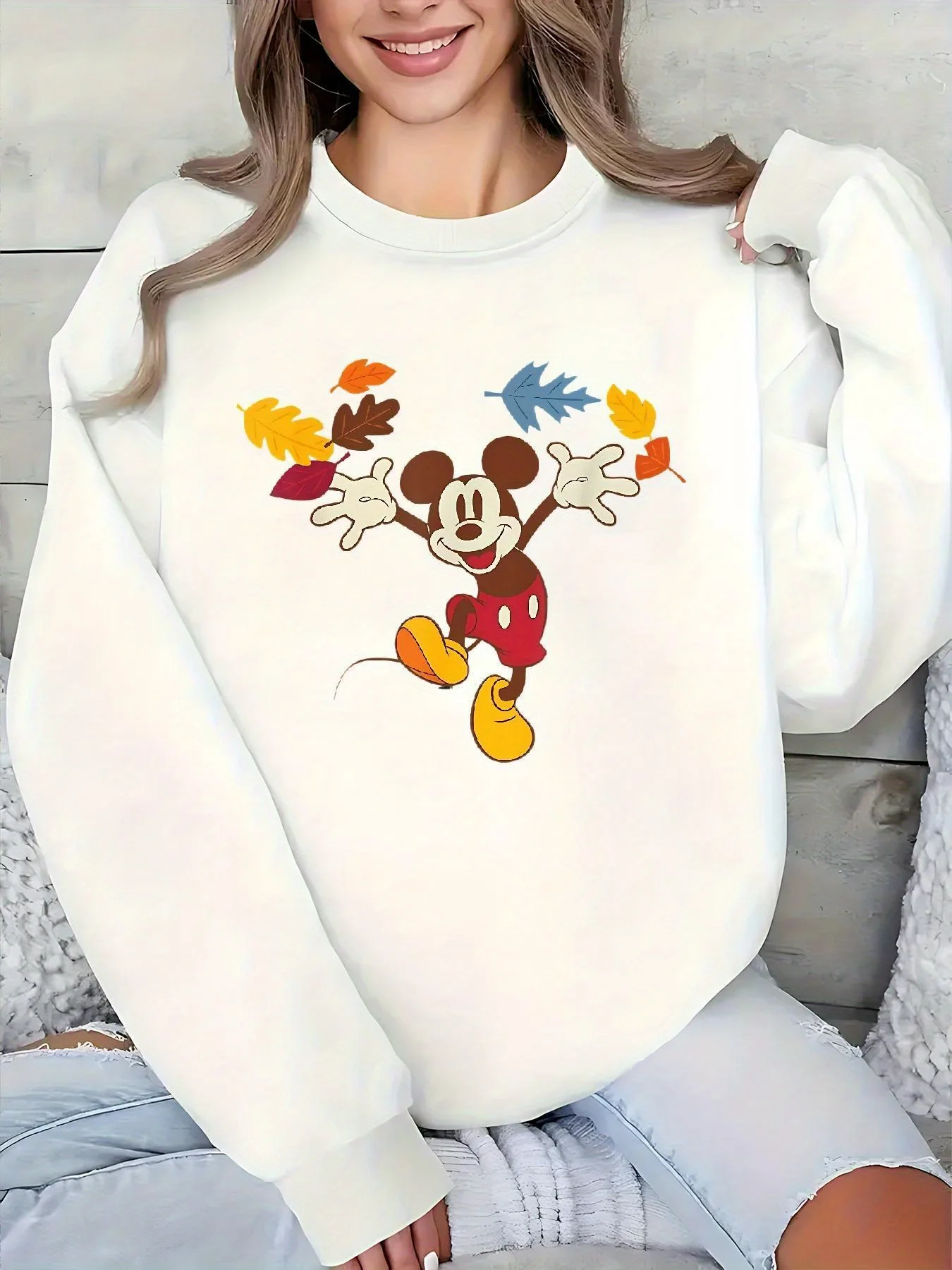 

Женский пуловер с Микки Маусом Диснея, модный уличный свитер большого размера, унисекс, свитер с круглым вырезом, осень-зима, флисовый повседневный свитер