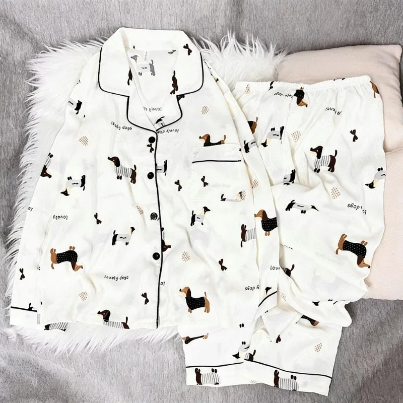 

Letter Puppy Bow Print Sweet Cute Women's Pajamas Set Korean Style Two-piece Set Pajamas Soft 2026 Spring New Casual Sleepwear