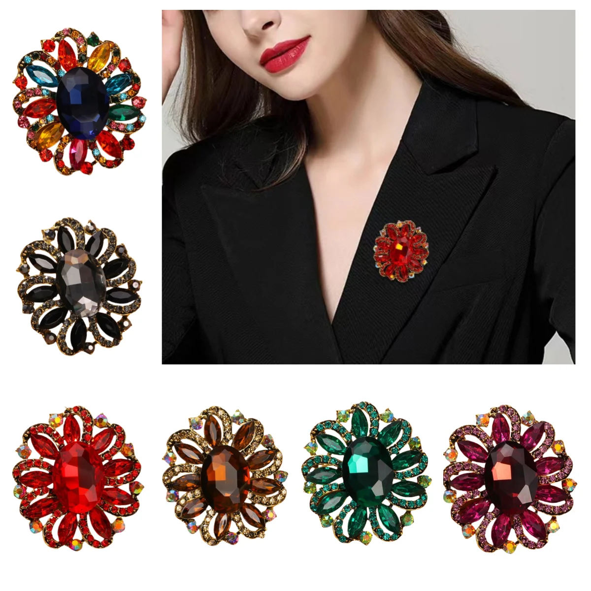 

Fashionable Creative Brooch Enamel Inlaid Water Diamond Flower Crystal Badge Metal Women's Clothing Accessories Necklace Pins