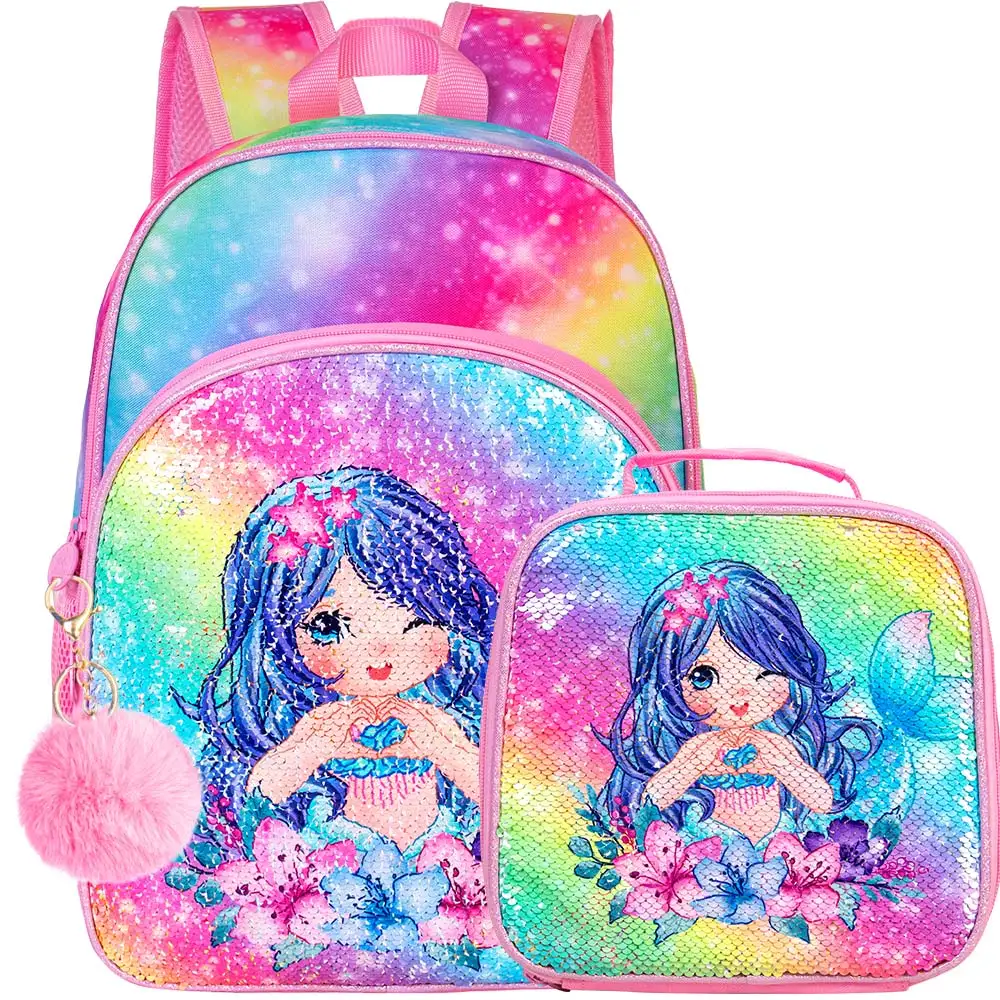 

Рюкзак для девочек дошкольного возраста, 3 шт., 16-дюймовая сумка для книг с блестками в виде русалки и ланч-бокс для детского сада и начальной школы