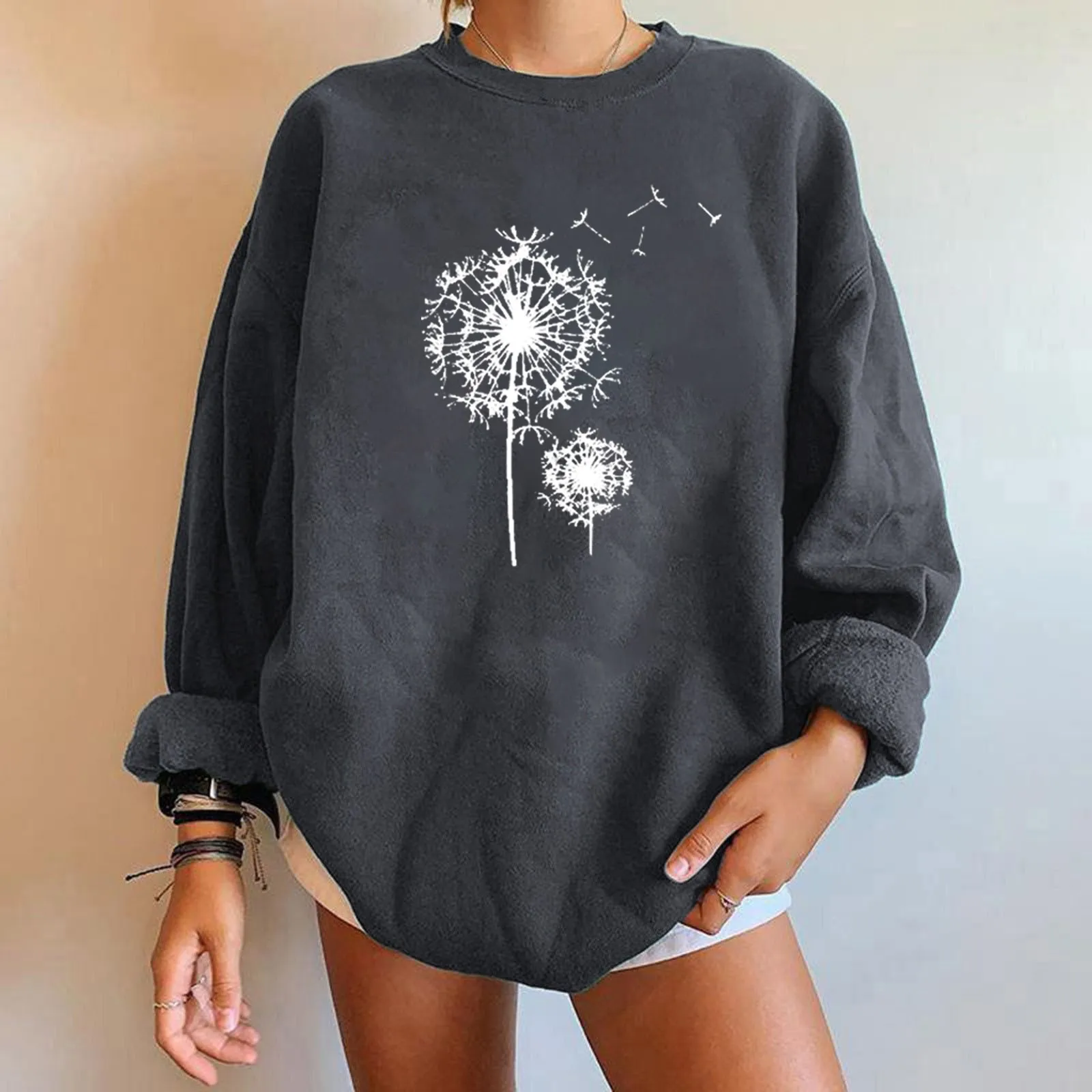 Frauen Löwenzahn Print Sweatshirt lose Rundhals ausschnitt Sportswear Trainings anzug Harajuku Overs ize Freizeit Hoodies Herbst Sudadera Pullover