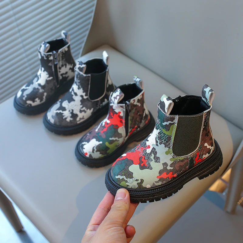 Kids Ankle Boots Toddlers Boys Girls Fashion Classic Rubber Boots Camouflage Color Anti-skid with Side Zipper Child Chelsea Boot