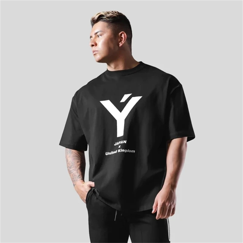 2023 Summer Oversize GYM Style Fitness Sports Men\'s Short Sleeve T-shirt Fashion Casual Cotton Loose Tees Tops