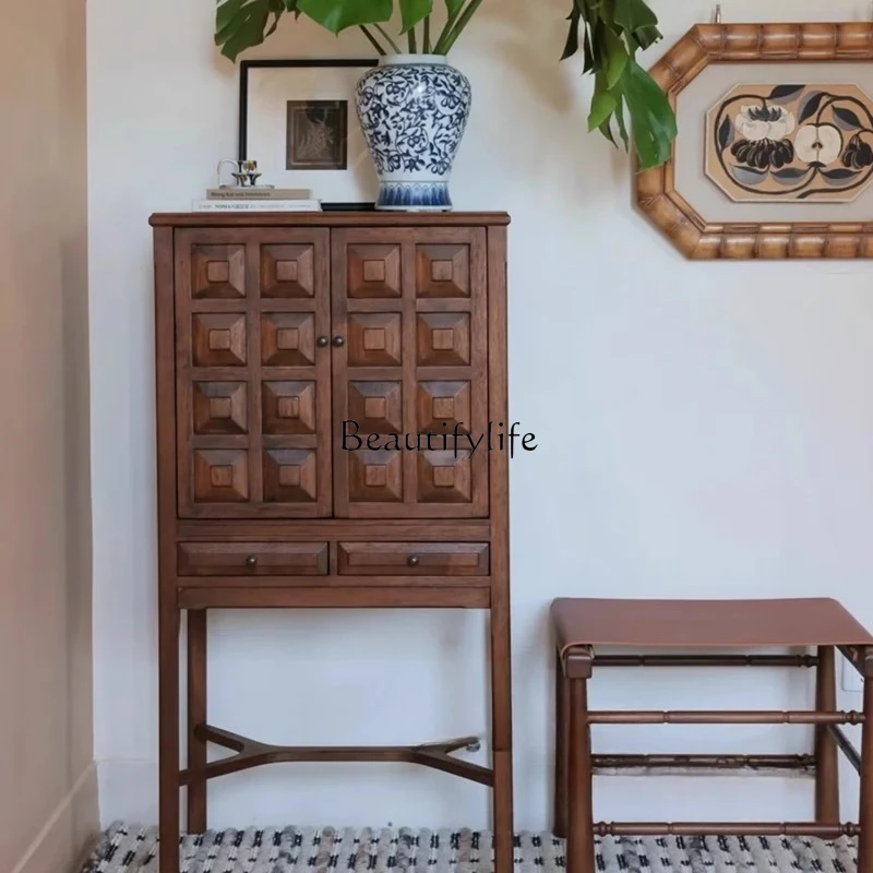 

Medieval French retro old solid wood dining side cabinet walnut living room locker