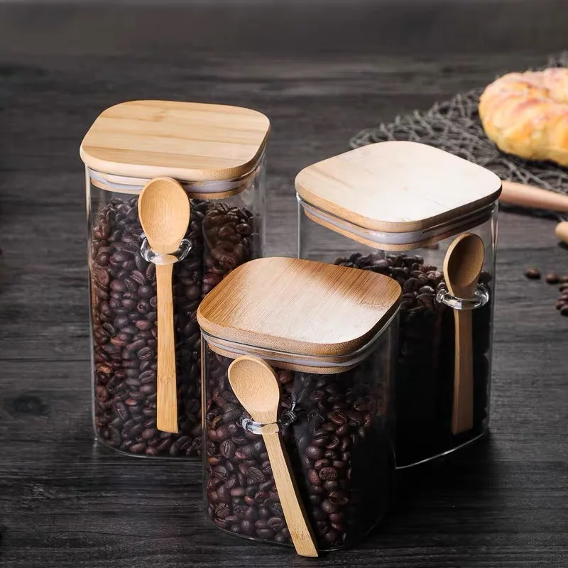 Coffee Canister Square Kitchen coffee bean Storage Sealed Jar with Wooden Spoon Glass Tea Storage Jar