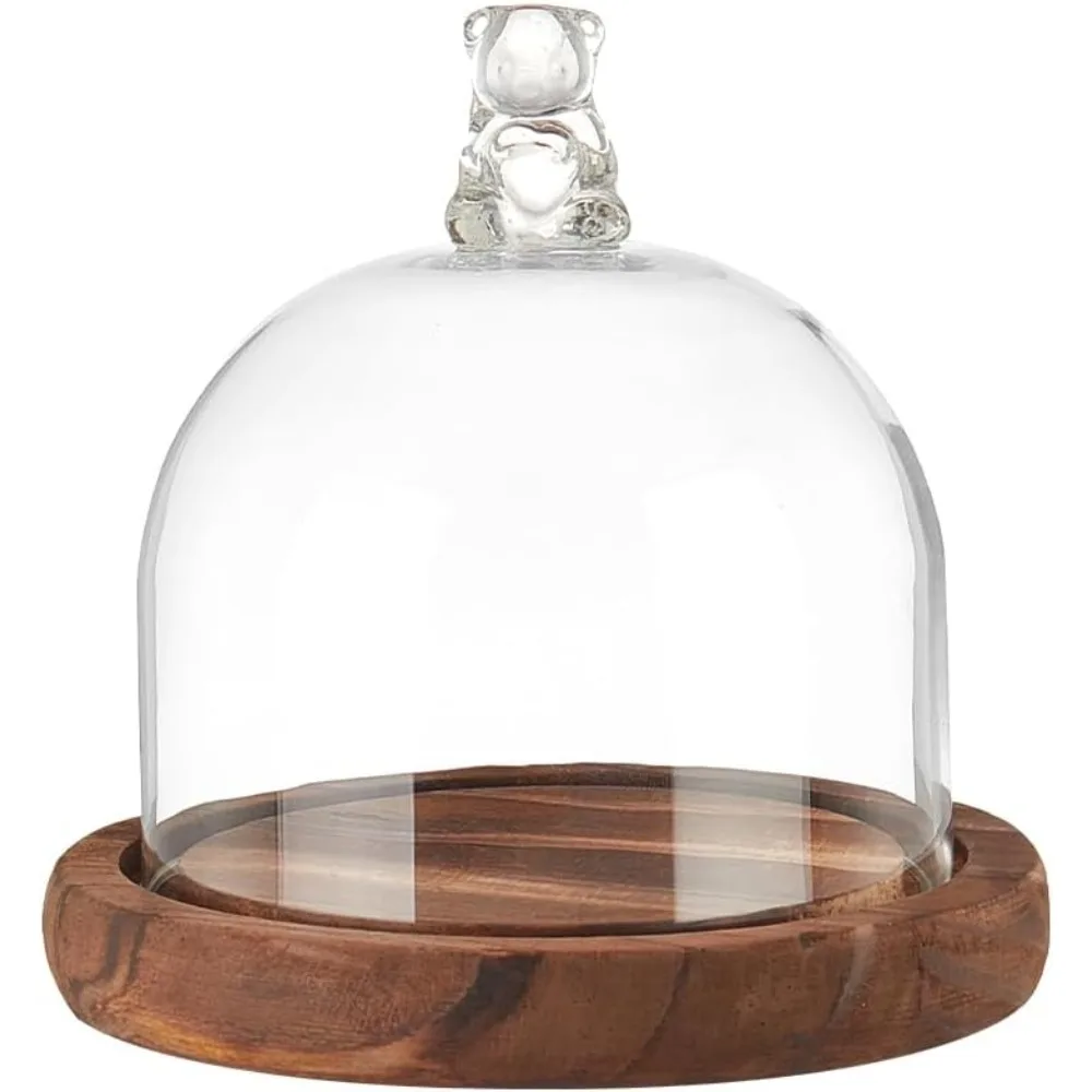 Round Glass Display Dome Cloche, Mini Glass Cloche Dome Clear Bell Jar Cloche Plant Terrarium Decor with Brown Wood Base