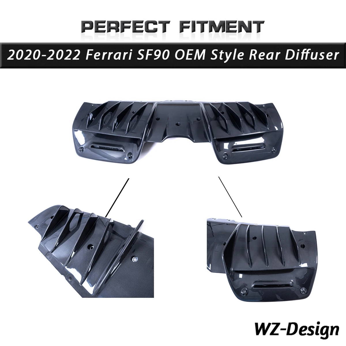 

Глянцевый задний диффузор из сухого карбона, подходящий для Ferrari SF90 2020-2022 годов выпуска, в стиле OEM.