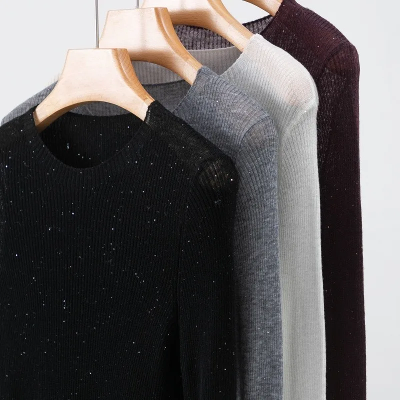 100% Superfine Merino Wool Sequin Half-High Collar Knitted Base Layer Sweater for Women, Slim Fit Thin Sweater, Stylish and Trendy for Commuting