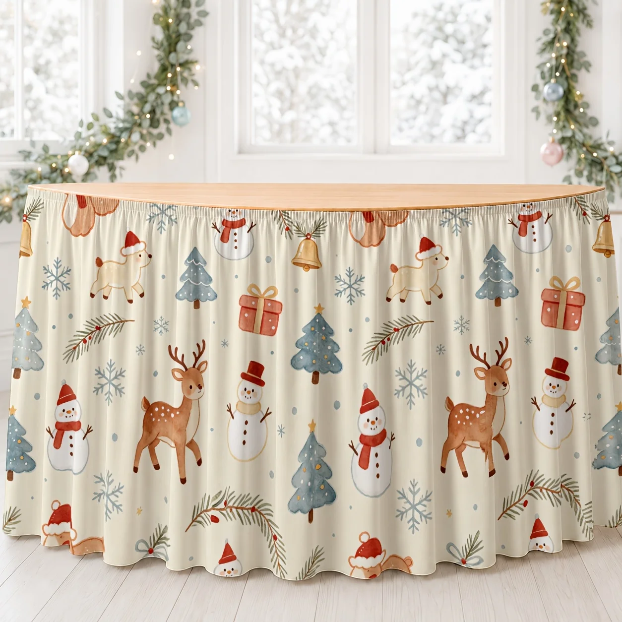 Festive Christmas party tablecloth 1 piece, reindeer snowman Christmas tree gift pattern, winter celebration table skirt