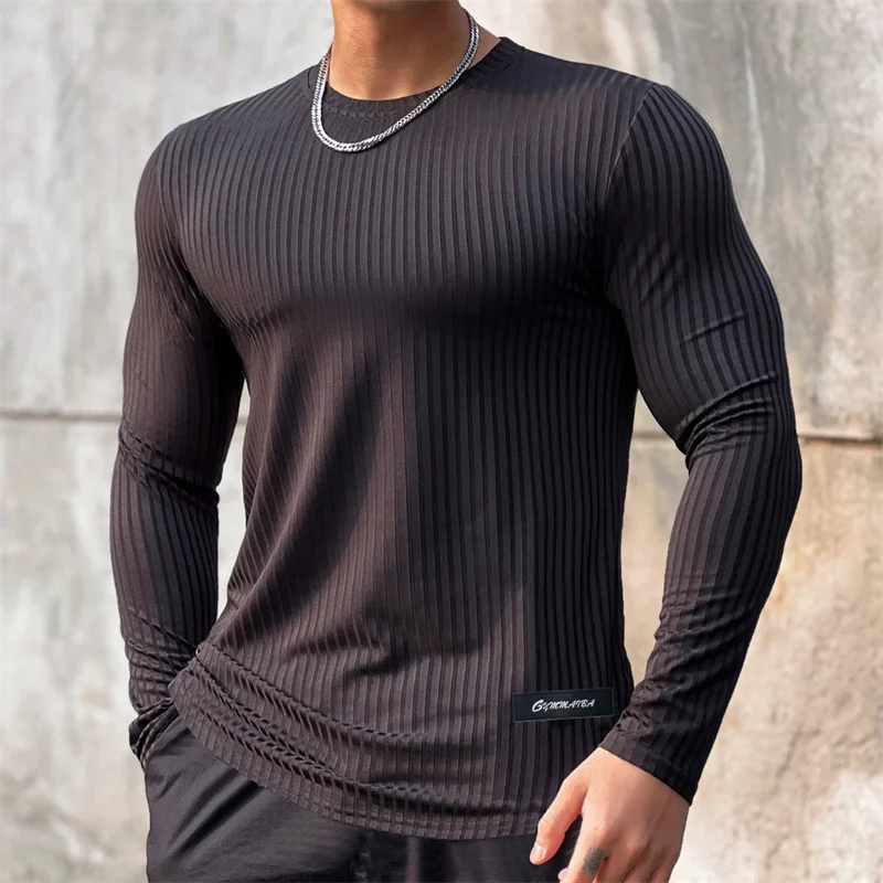 Trendy striped brand fitness breathable long sleeve running training T-shirt elastic quick drying sports T-shirt men clothing