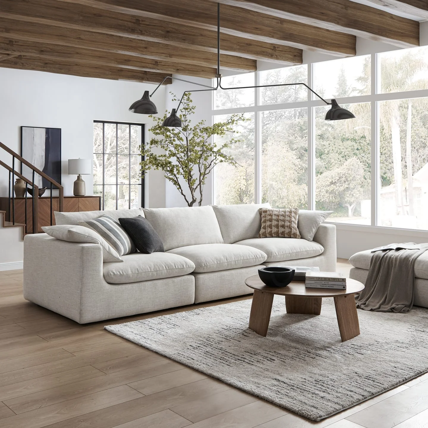 Extended Square Modern Sofa Ottoman Convertible Modular Sectional Corner Sofa 4-Piece Reversible Chaise Feather Living Room