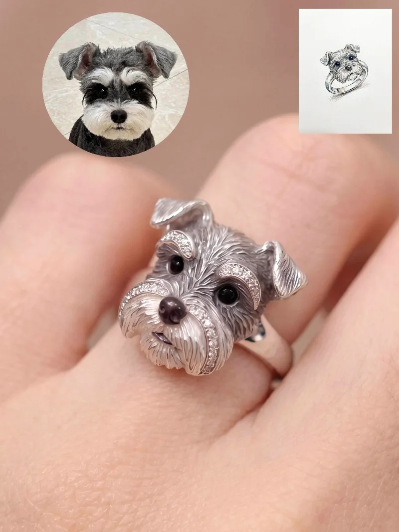 

Super realistic furry child shape ring three-dimensional relief Schnauzer dog super cute ring