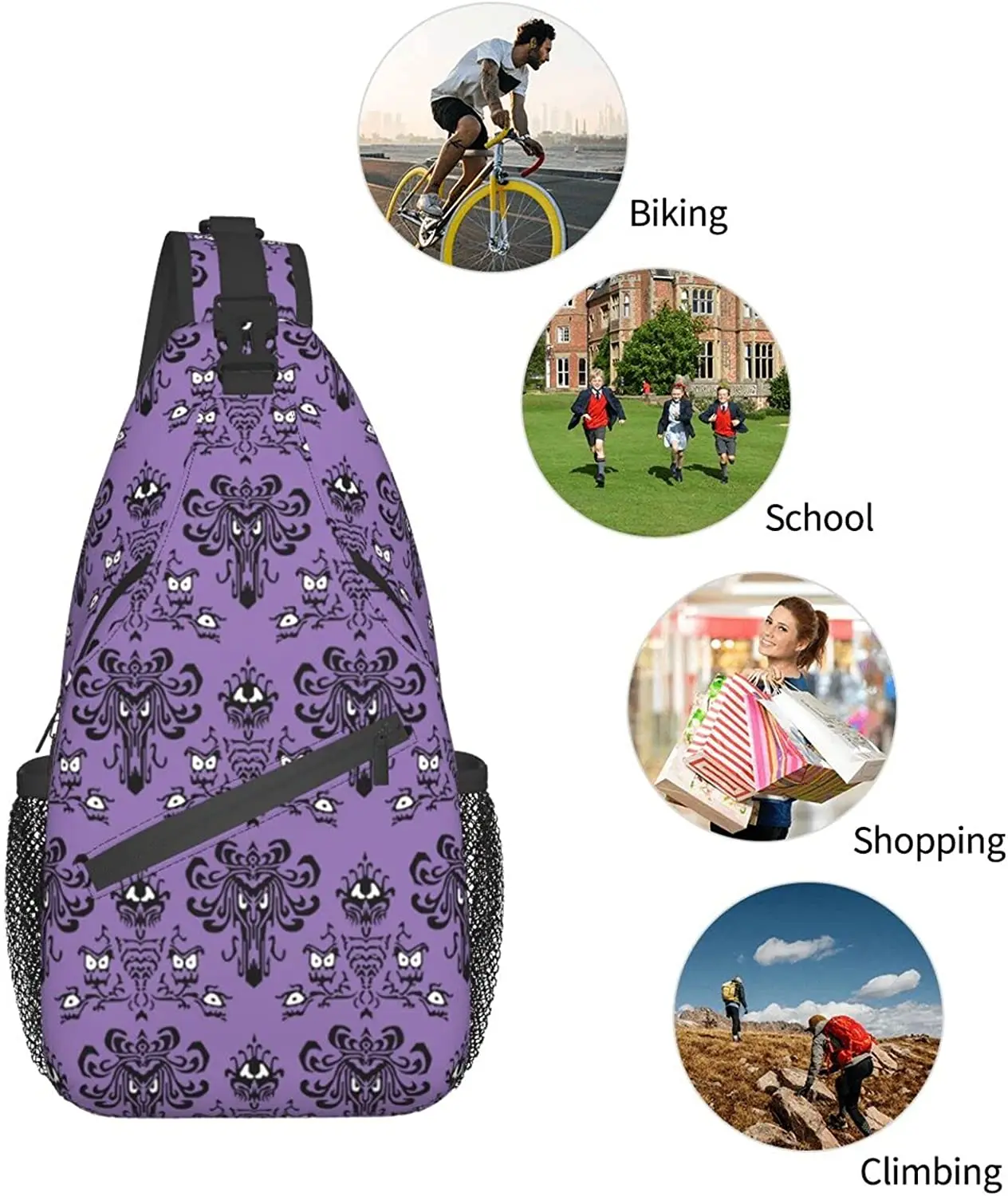 Haunted Mansion Sling Bag Crossbody Travel Hiking Chest Backpack One Shoulder Daypack for Women Men Unisex Cycling Gym