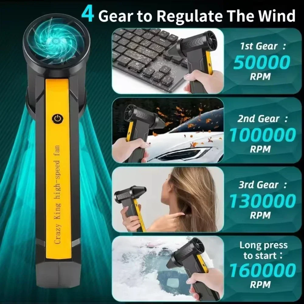 160000 دورة في الدقيقة توربو صغير جت مروحة عنيفة منفاخ هواء كهربائي فرش منفضة 3 سرعات عالية السرعة USB قابلة للشحن أدوات قوية #4