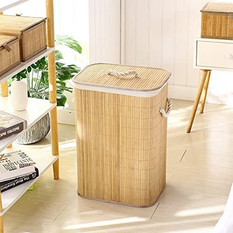 Foldable Bamboo Laundry Basket, Clothes Storage Basket With Lid Household Cloth Container Organiser Washing Basket