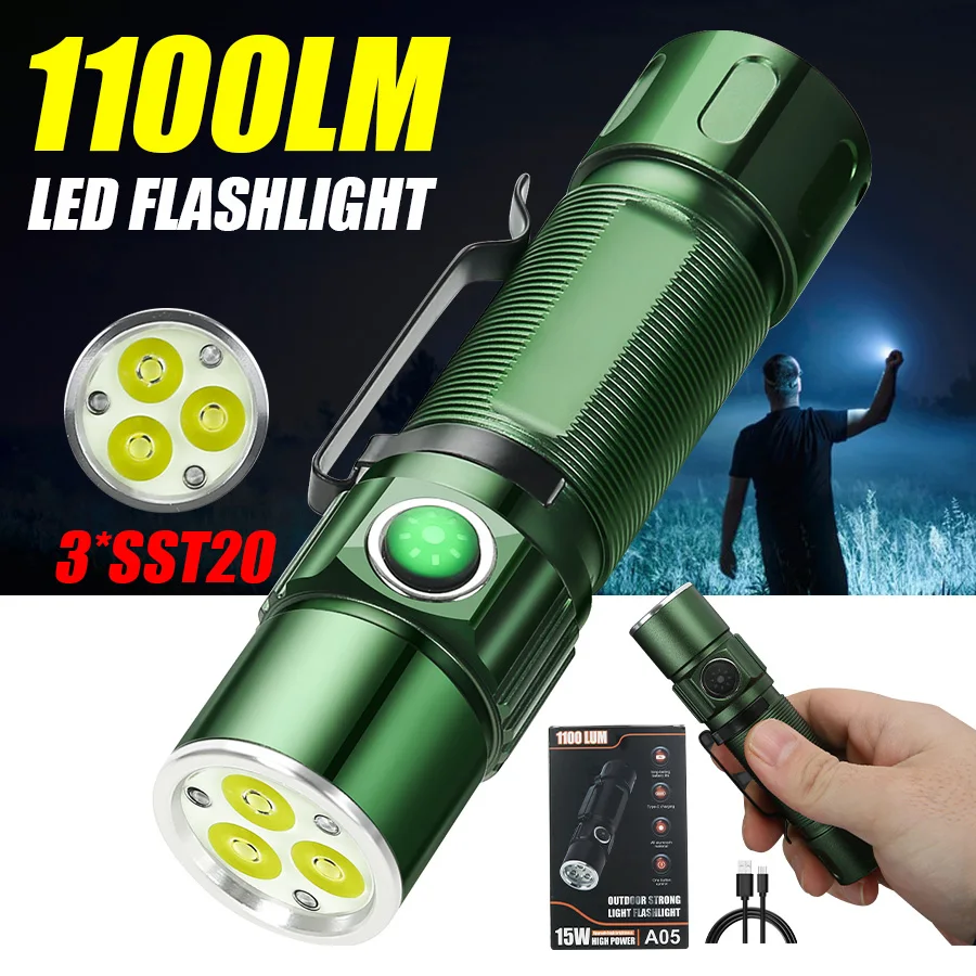 

1100LM High Power EDC LED Flashlight Type-C Rechargeable Portable Torch With 18650 Built-in Battery Camping Fishing Lantern