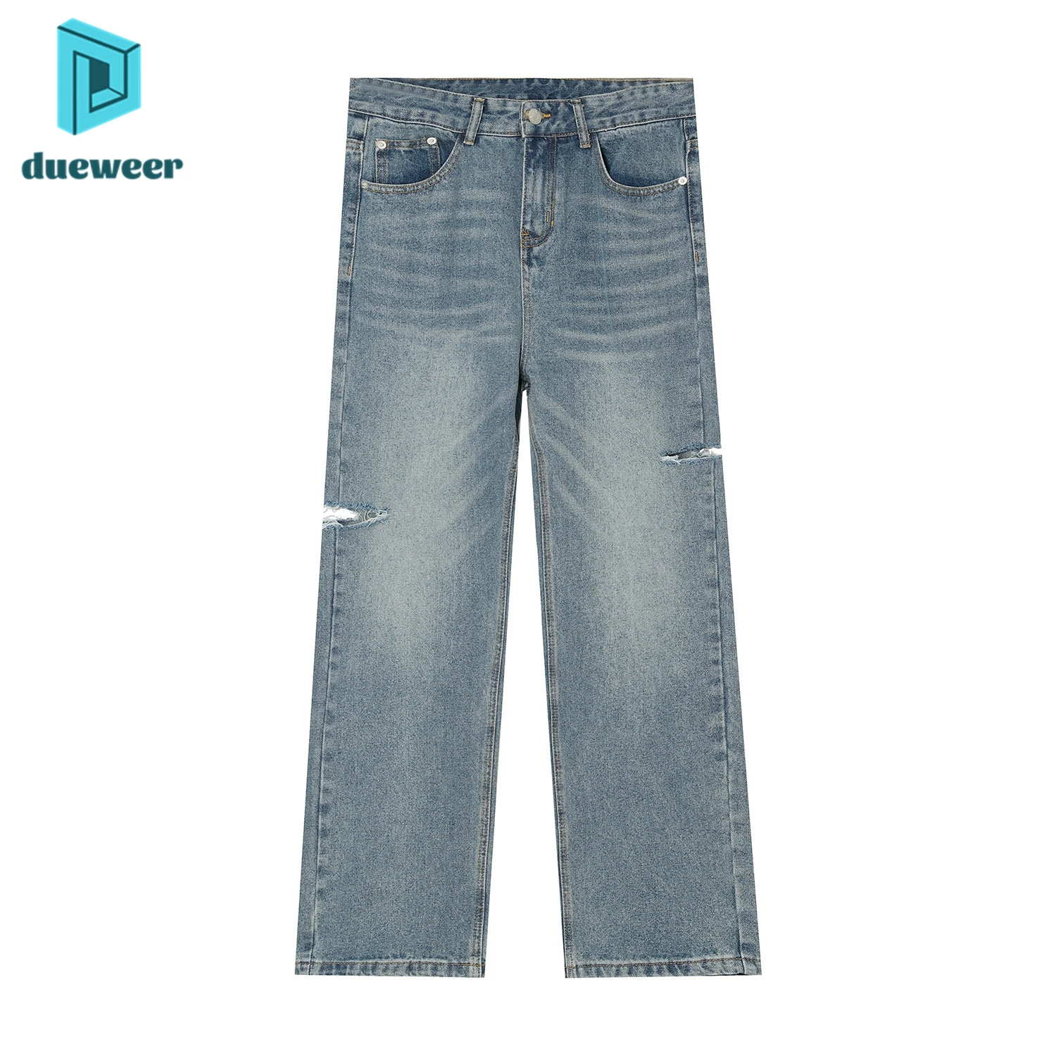 

DUEWEER Korean Fashion Mens Blue Black Scratch Jeans Sides Holes Straight Denim Pants Baggy Trousers for Male Vintage Streetwear