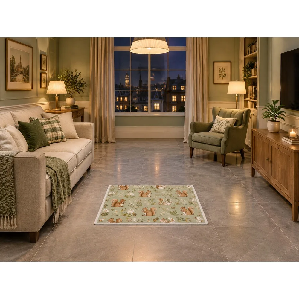 VIKAMA British Sage Cream Squirrel Flannel Door Mat, Non-Slip Washable Door Mat, UK Home Decor for Porch, Garden Room, Snug