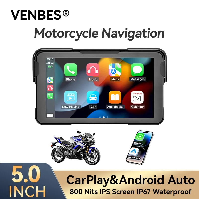 

VENBES 5‘’ Motorcycle Carplay Navigation Android Auto Motor IPS Screen IP67 Easy to Install Universal