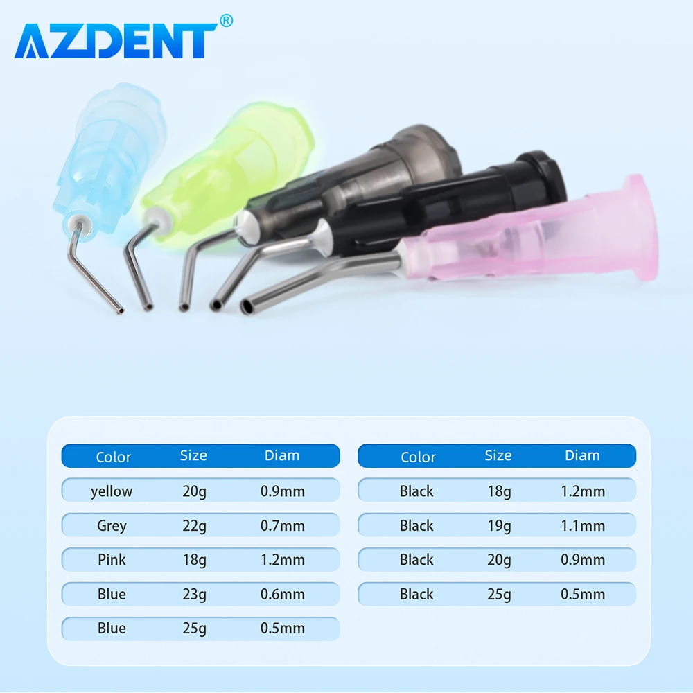 AZDENT 100pcs/Pack Dental Pre Bent Dispensing Tip Irrigator Bent Needle Etchant Resin Flow Composite Tips Disposable Applicator