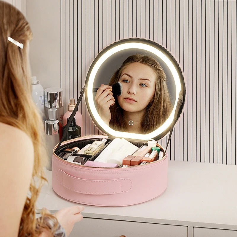 Round Cosmetic Bag with Mirror, LED Light, Large Capacity, Portable Travel Cosmetics Storage Bag