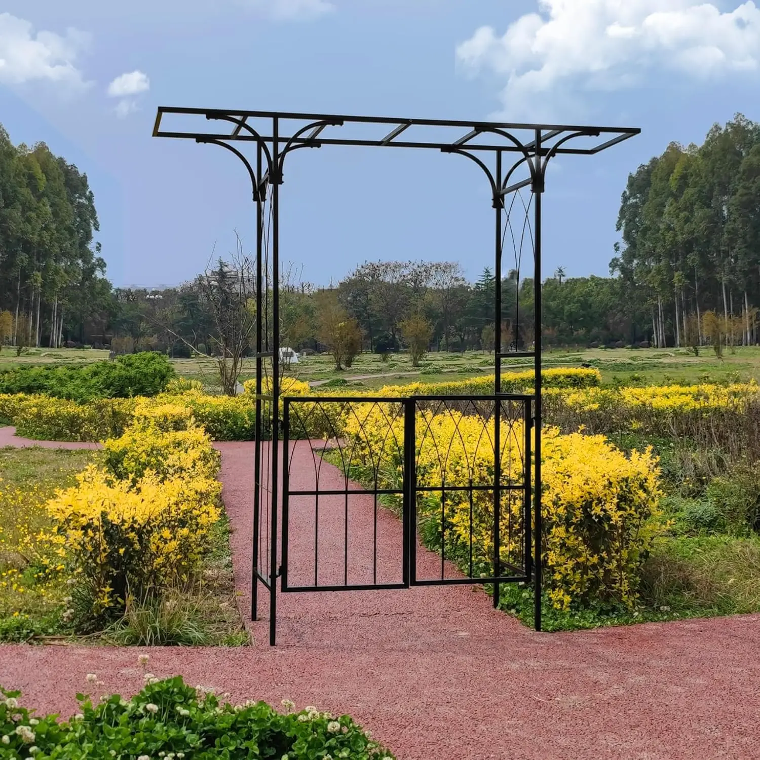 Metal Garden Arch with Double Gate Heavy-Duty Arbor Trellis Arbour Archway , Matte Black 79.5''L x 82.7''H