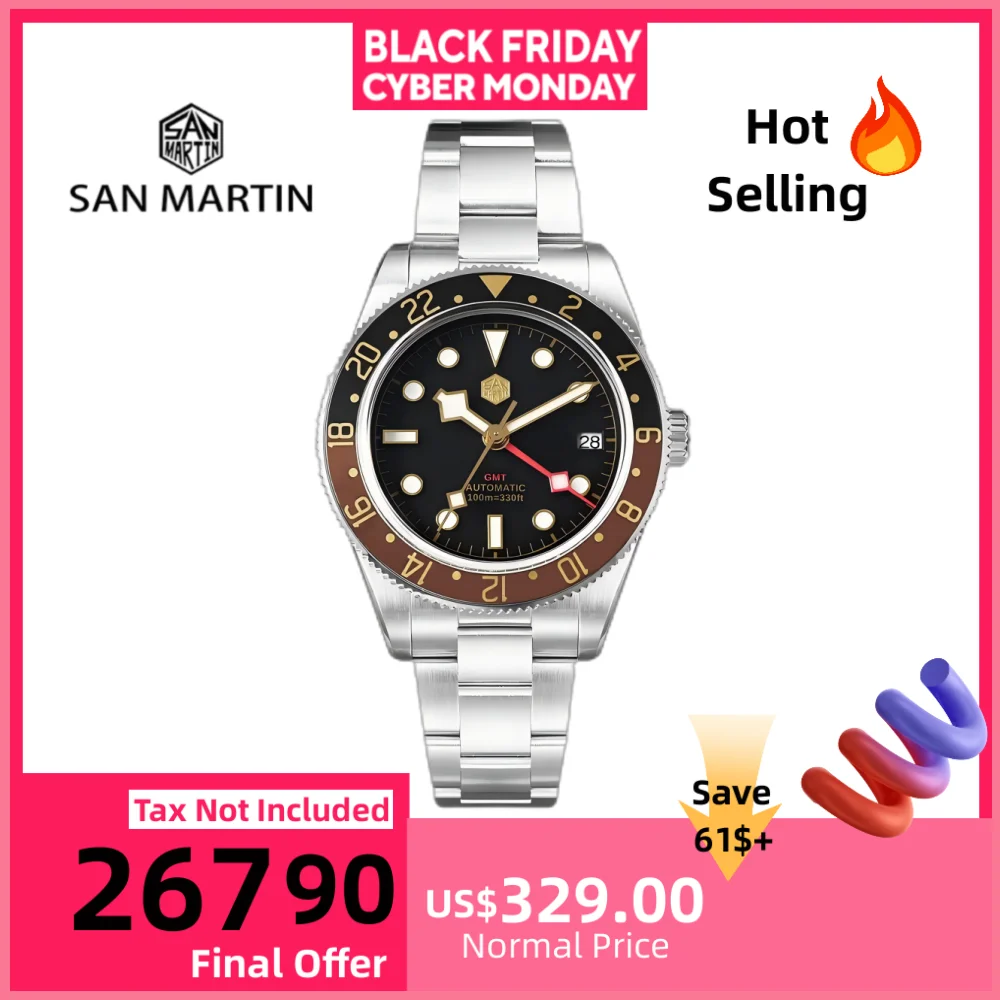 

San Martin 39 мм NH34 Механические часы GMT для мужчин Автоматические наручные часы 3H Дата Водонепроницаемые 10 бар Reloj BGW9 Lume часы SN0109