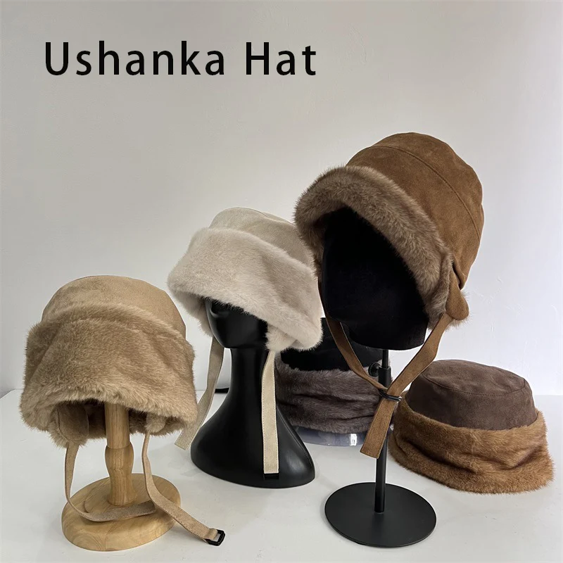New Multi-Way Bucket Hat With Ear Flaps 3-in-1 Plush Faux Suede Ushanka Hat Winter Soft Trapper Cap Windproof Cozy Fisherman Hat