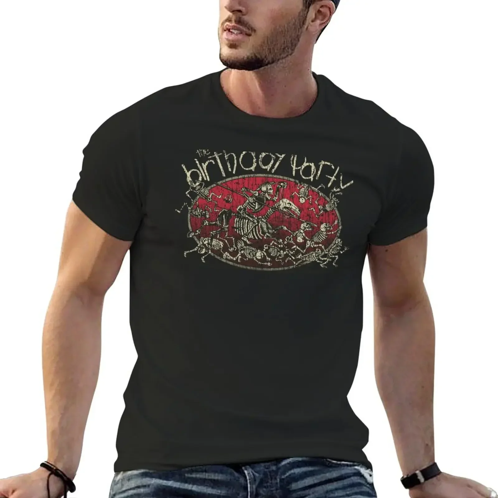 

The Birthday Party Skeleton Crew 1980 T-Shirt blue lock graphic tee shirt Short sleeve tee men