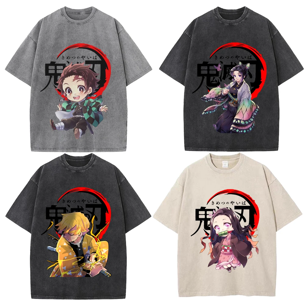 

Demon Slayer Kamado Tanjirou Agatsuma Zenitsu Washed Distressed T-shirt Pure Cotton Batik Retro Loose Anime Short Sleeves